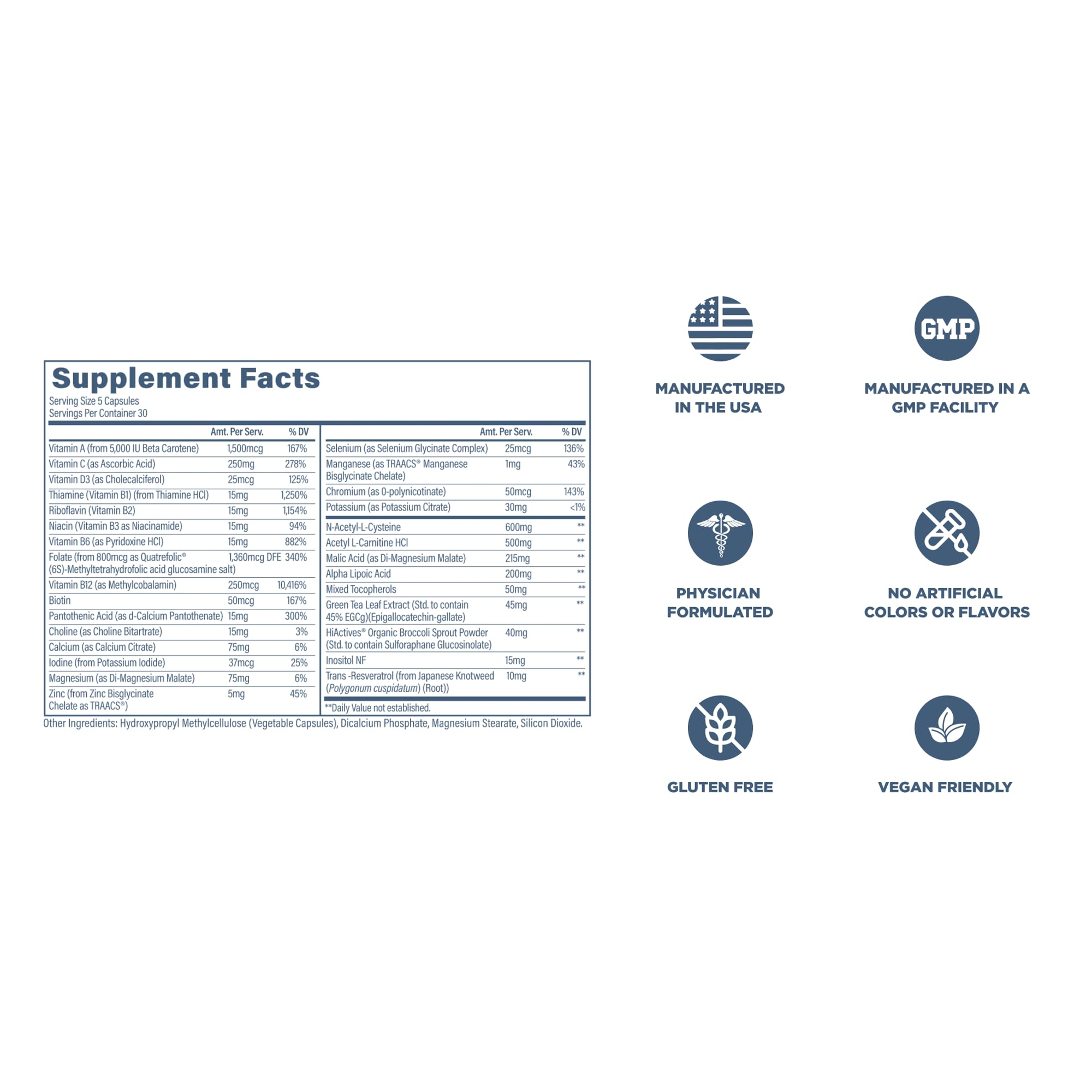 Revive MD Multivitamin serving size reminder of five capsules per day.