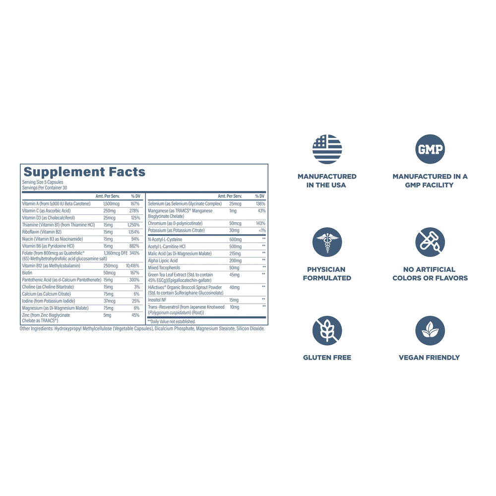Revive MD Multivitamin serving size reminder of five capsules per day.