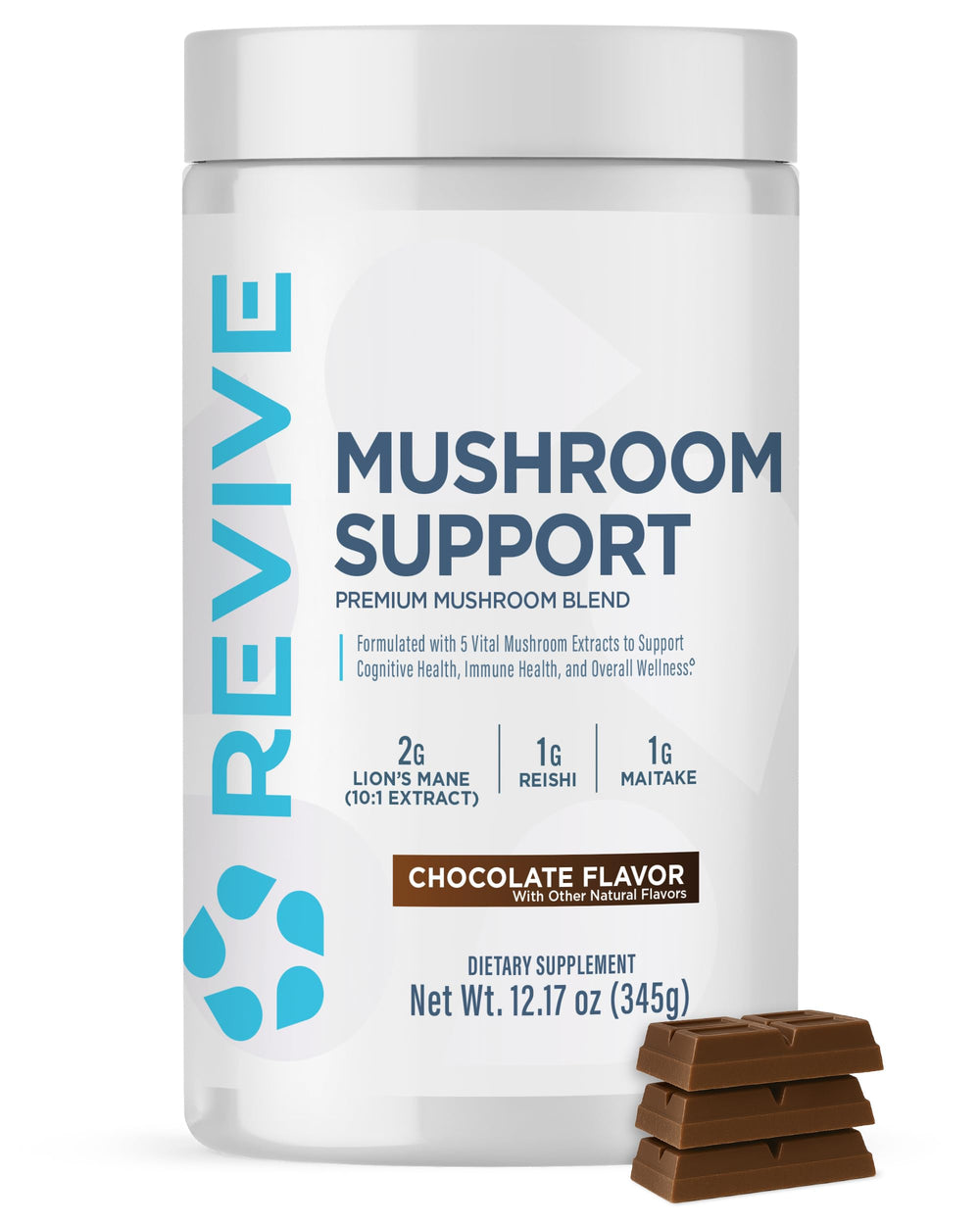 Revive MD Mushroom Powder chocolate packaging front for daily focus