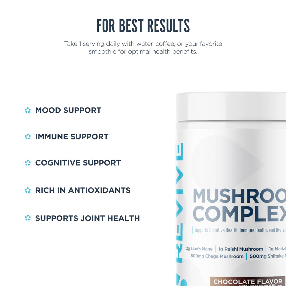 Revive MD Mushroom Powder chocolate in smoothie highlighting cognitive focus