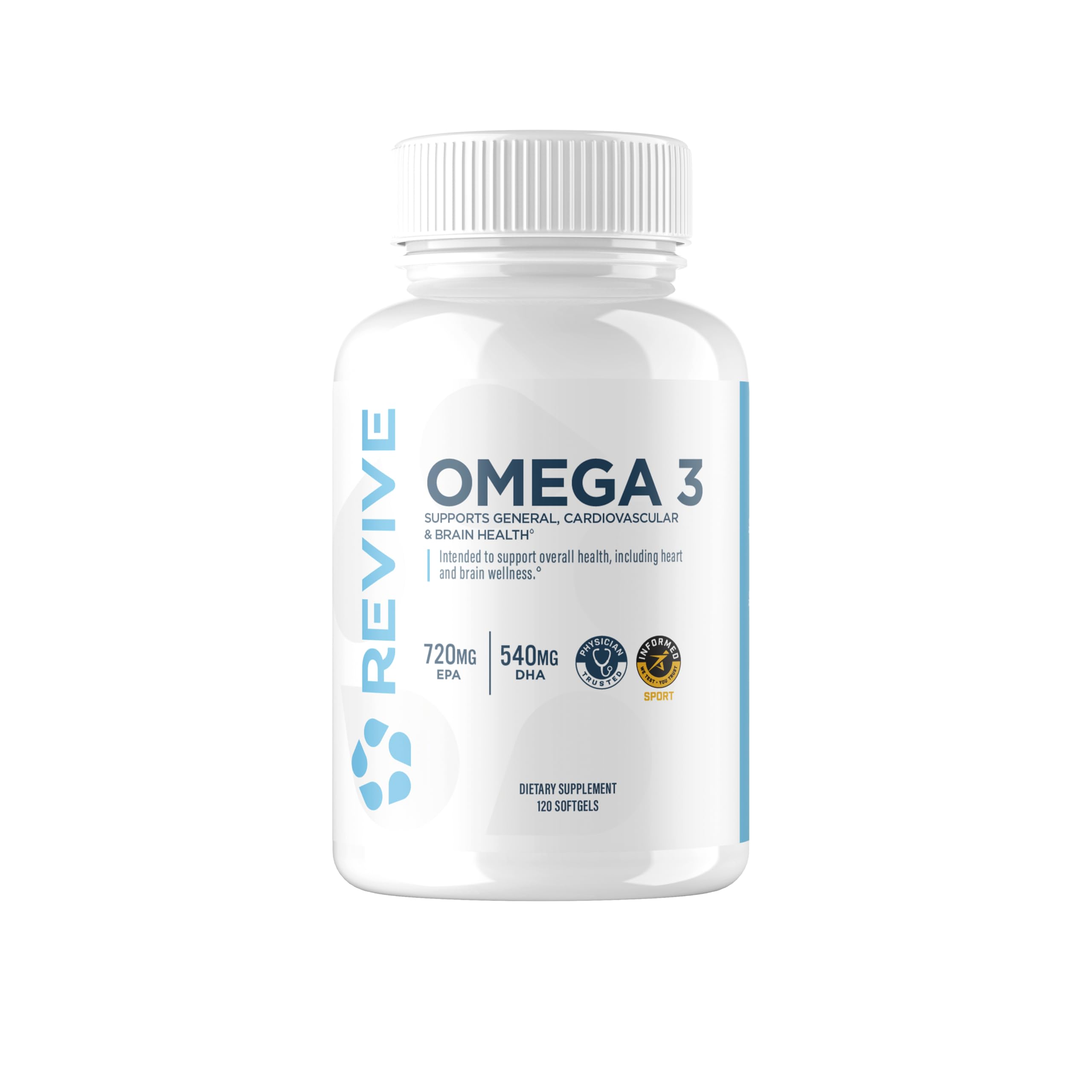 Revive MD Omega-3 softgels bottle front highlights heart and brain wellness