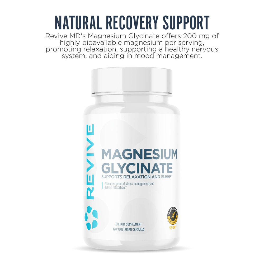 Revive MD magnesium glycinate bottle label showing vegan and high absorption features