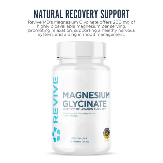 Revive MD magnesium glycinate bottle label showing vegan and high absorption features