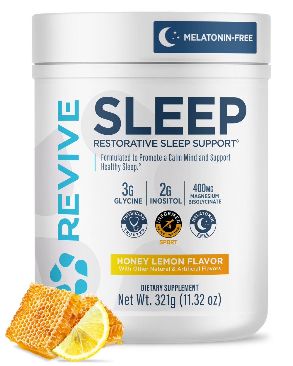 Revive MD Sleep bottle label highlights melatonin-free formula for natural relaxation.