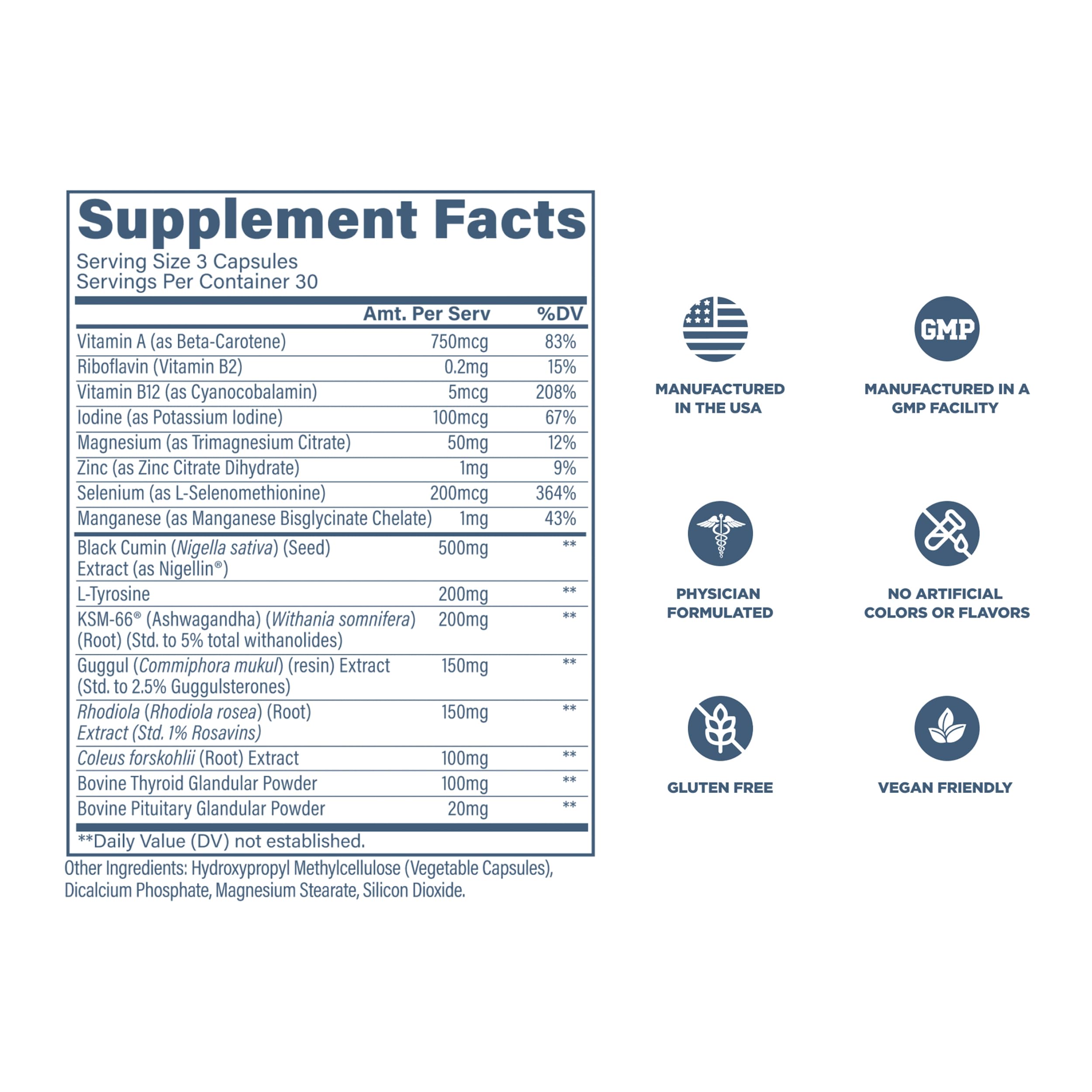 Three capsules per serving demonstrate the suggested daily dosage