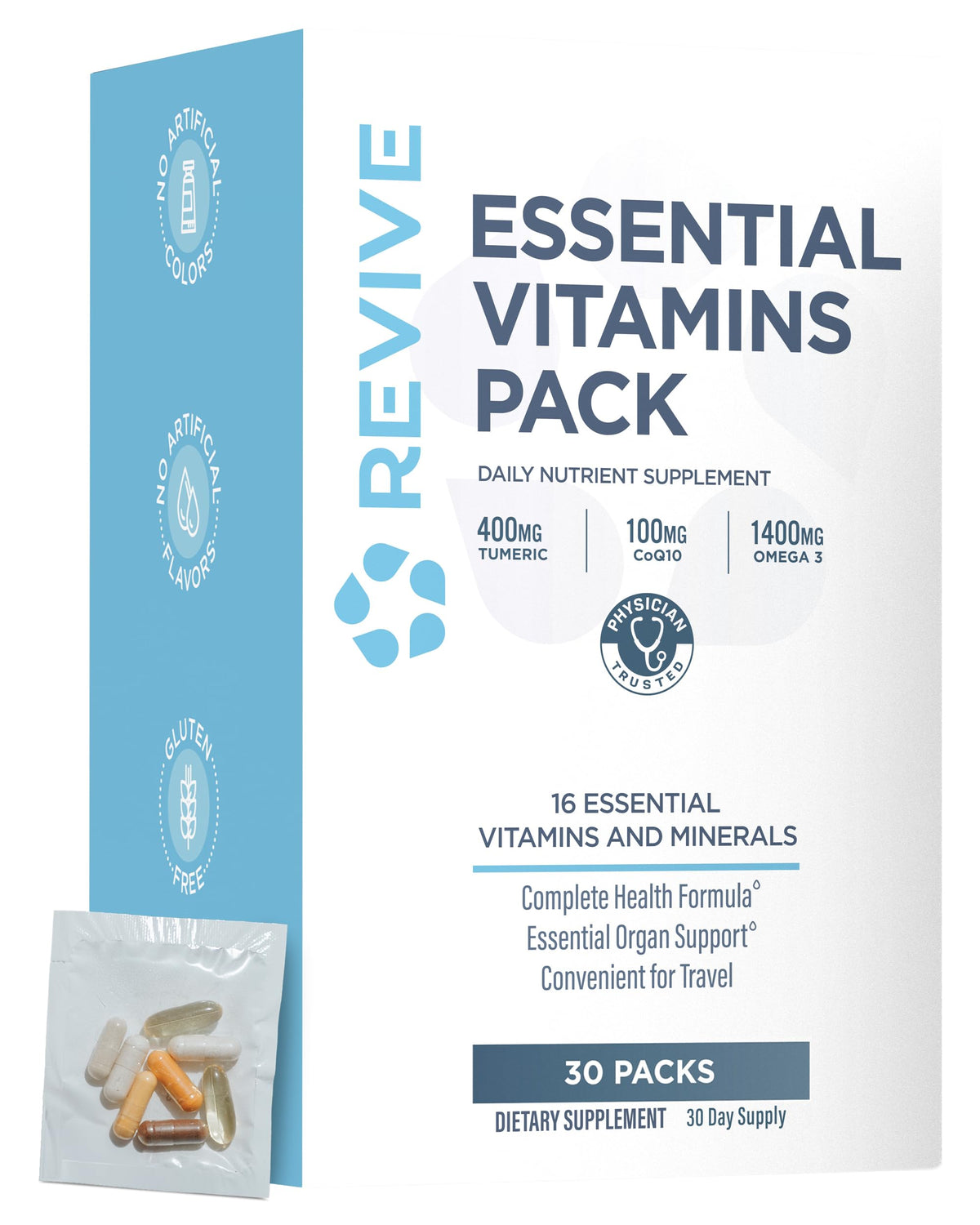 Revive MD Vita Pack bottle showing convenient daily packets for on-the-go health.