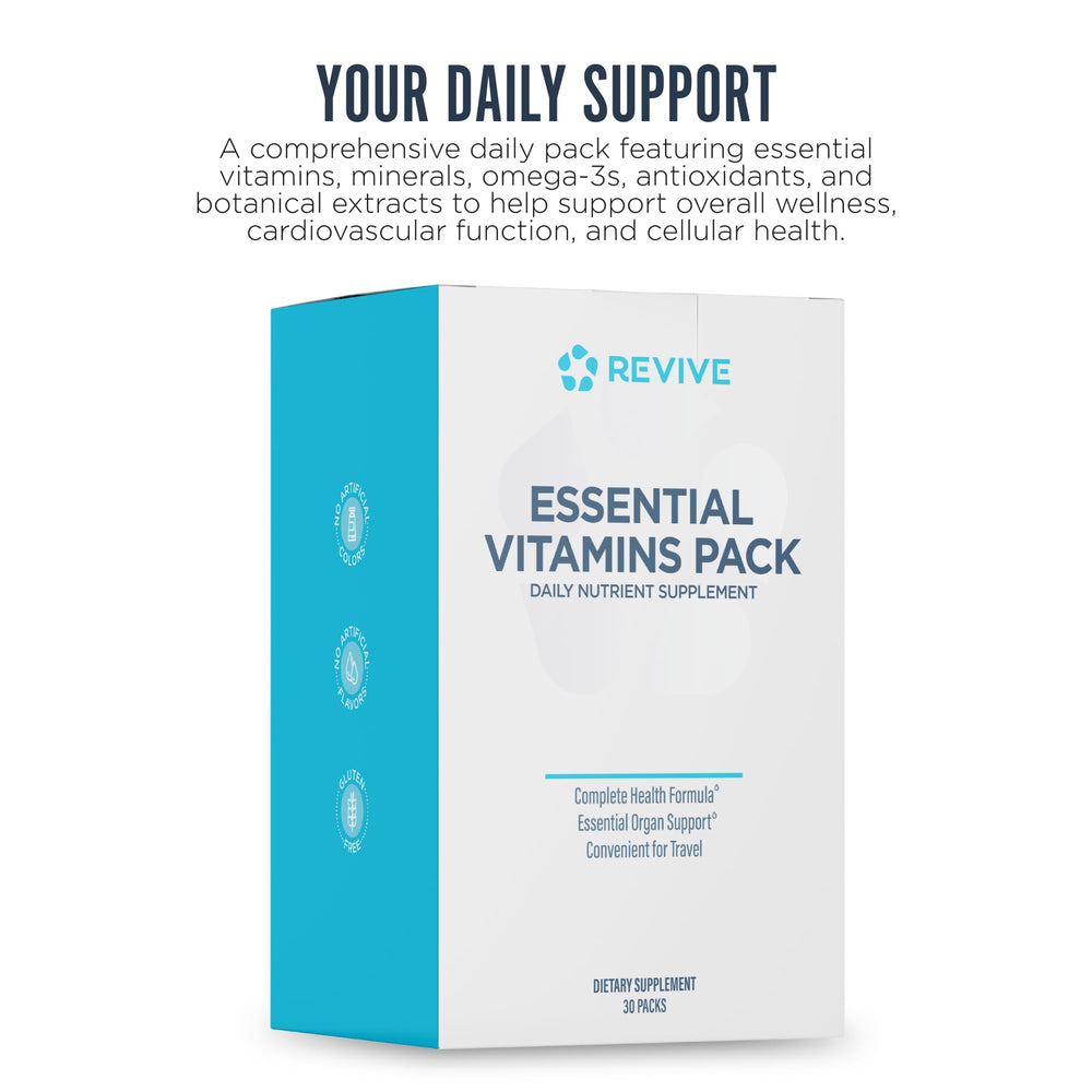 Revive MD Vita Pack packets opened to highlight travel-friendly daily servings.
