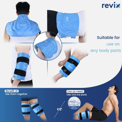 REVIX ice pack in use on leg demonstrates versatile at-home cold therapy