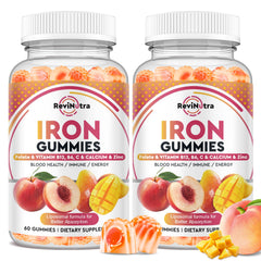 ReviNutra Iron Gummies bottle with peach-mango flavor for easy daily iron support.