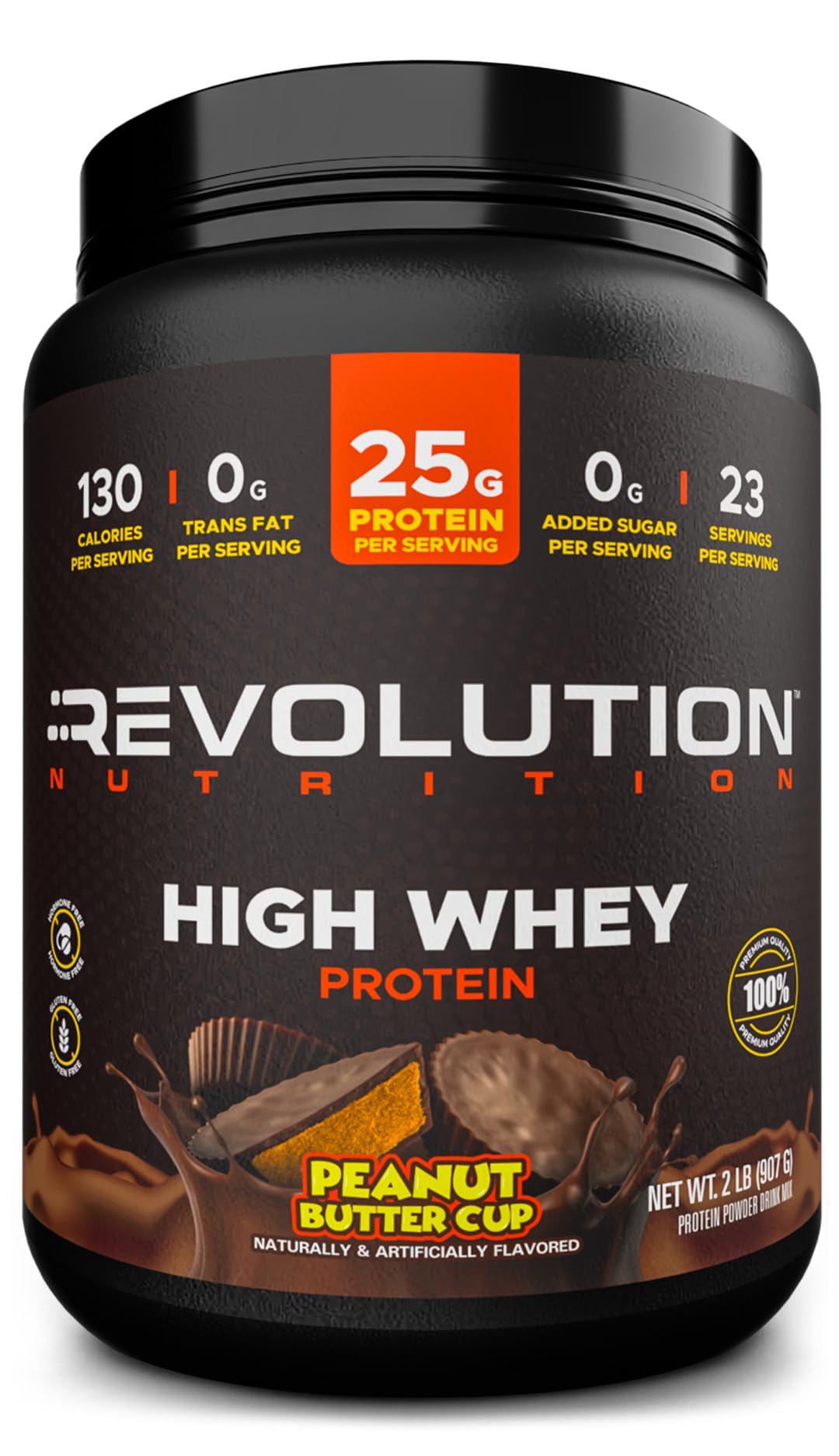 Revolution Nutrition High Whey bottle shows Chocolate Peanut Butter Cup flavor with gluten-free protein.