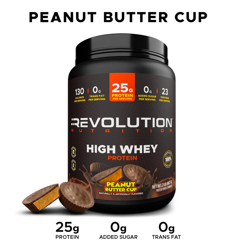 Revolution Nutrition High Whey label highlights gluten-free formula for clean nutrition.