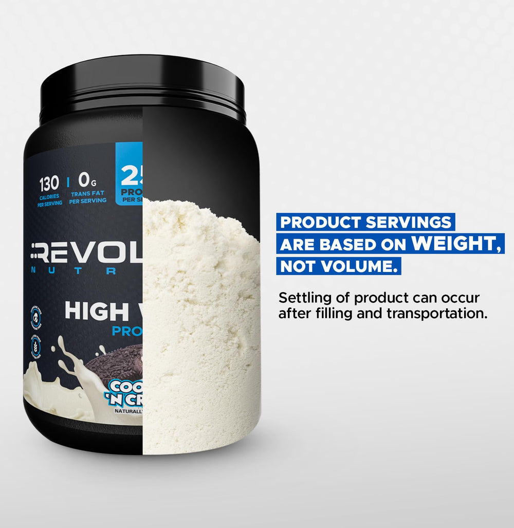 Revolution Nutrition High Whey 25 g protein per serving aids steady fueling.