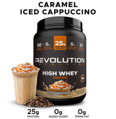 Revolution Nutrition High Whey scoop dispense demonstrates precise 25g serving for workouts