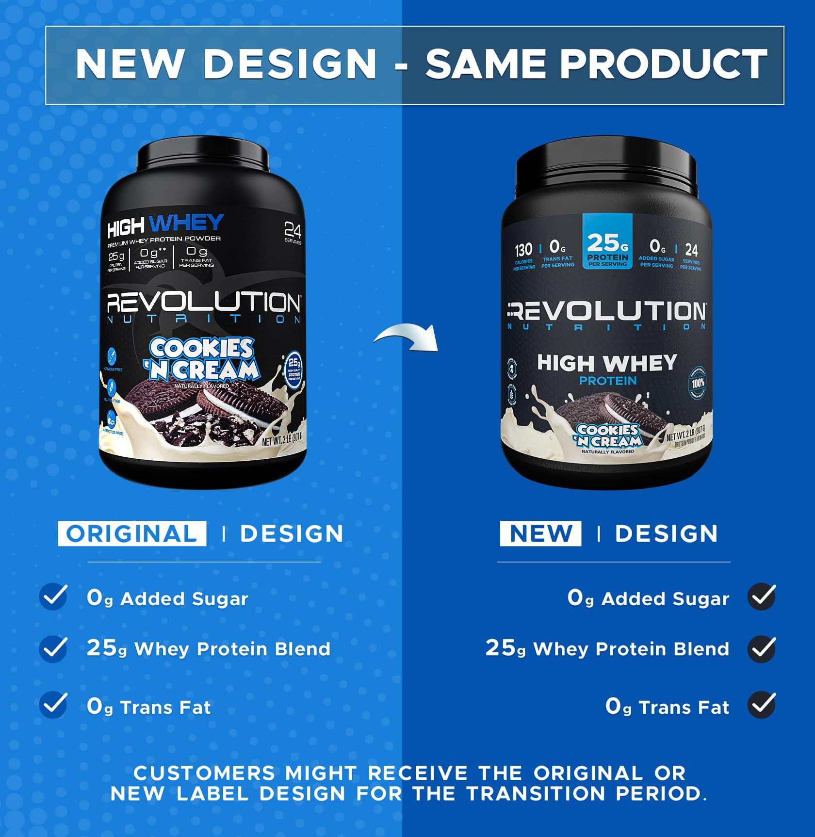 Revolution Nutrition High Whey scoop dispensing demonstrates convenient 25 g servings.