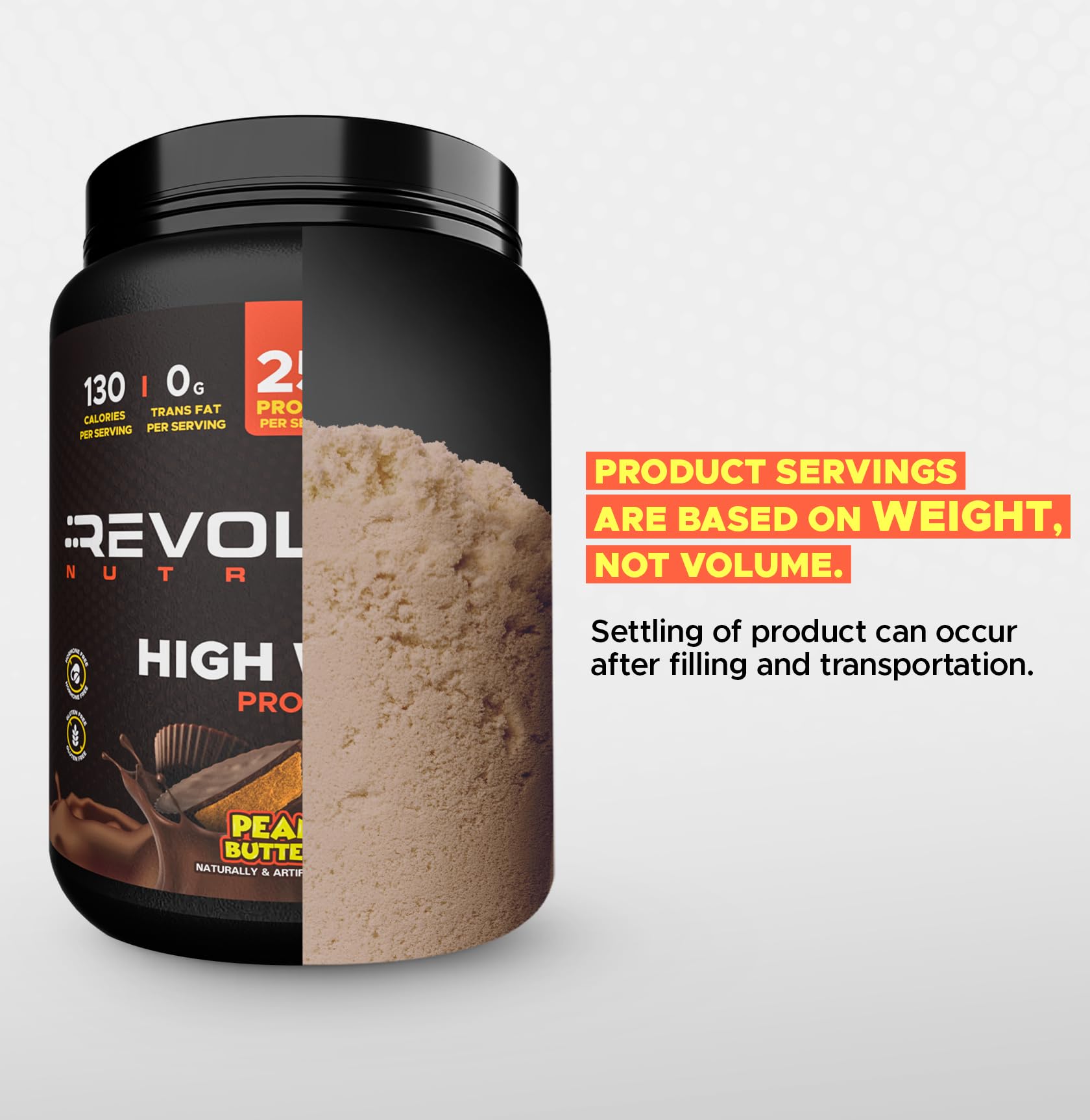 Revolution Nutrition High Whey no artificial colors badge on packaging.