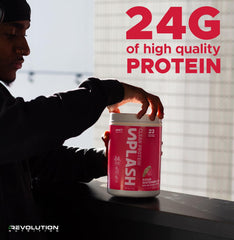 Revolution Nutrition Splash Clear Protein bottle label highlights zero sugar and zero carb.