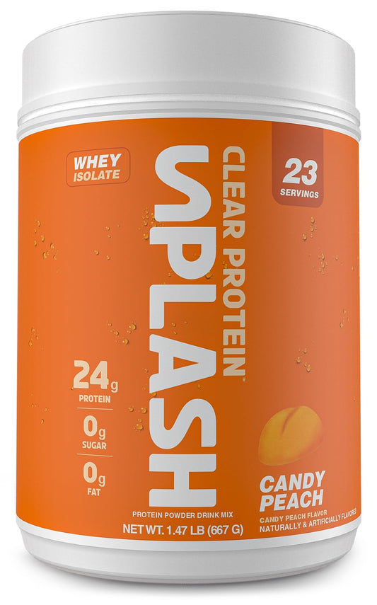 Revolution Nutrition Splash Clear Protein candy peach bottle shows a refreshing protein option