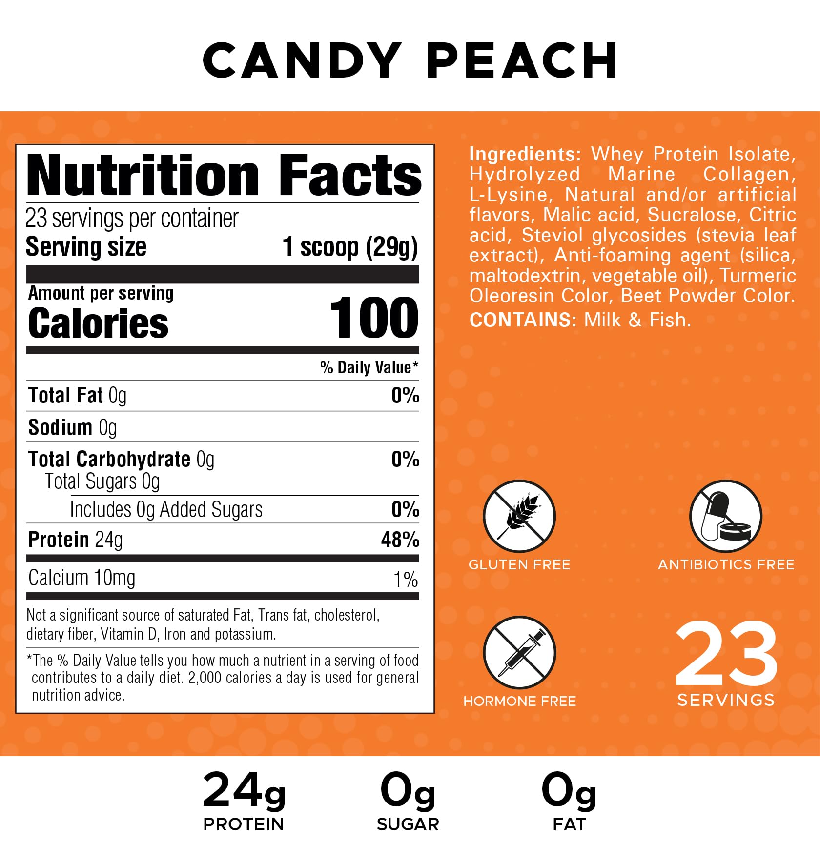 Revolution Nutrition Splash Clear Protein candy peach powder scoop reveals 24g protein per serving