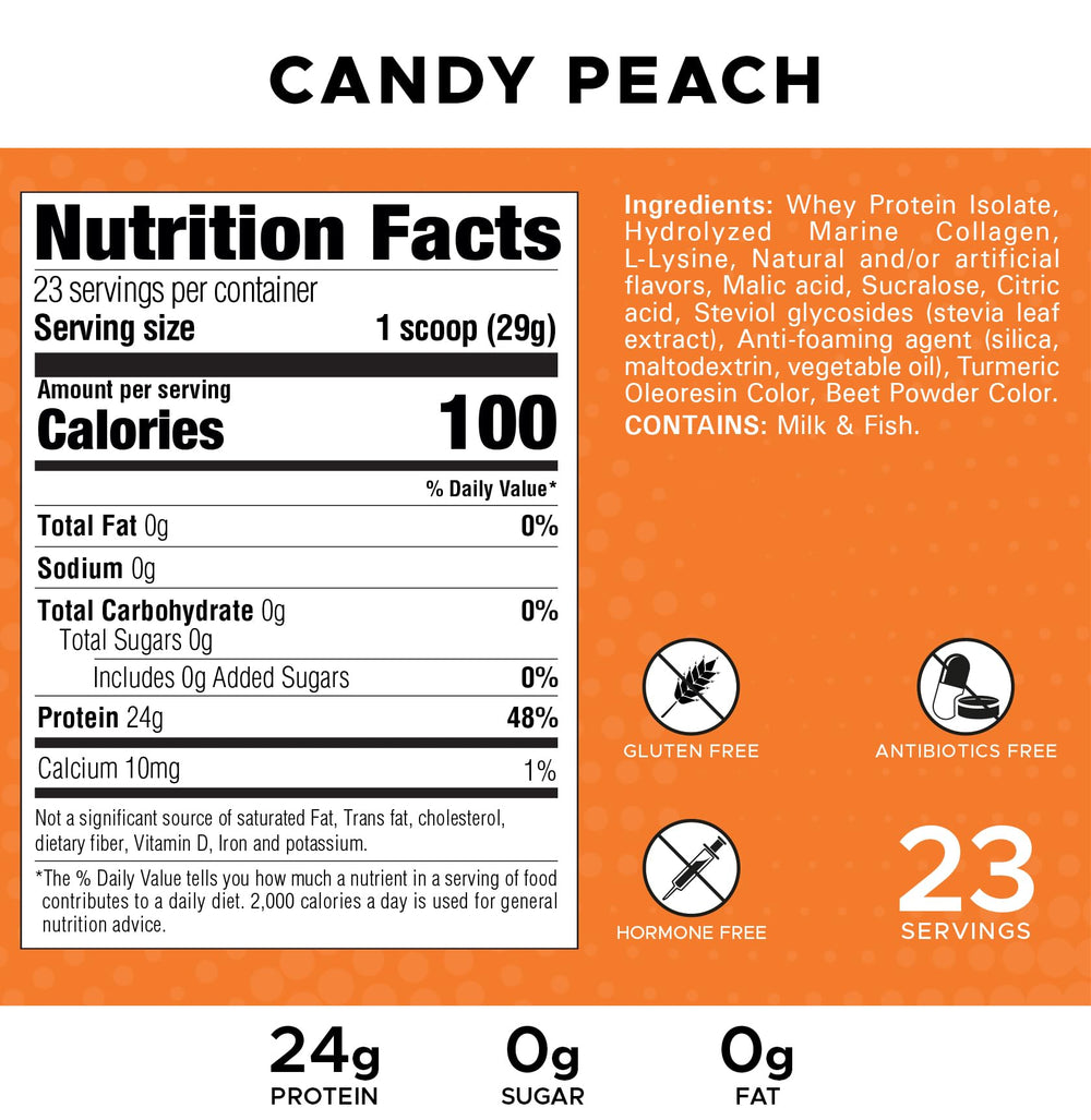 Revolution Nutrition Splash Clear Protein candy peach powder scoop reveals 24g protein per serving