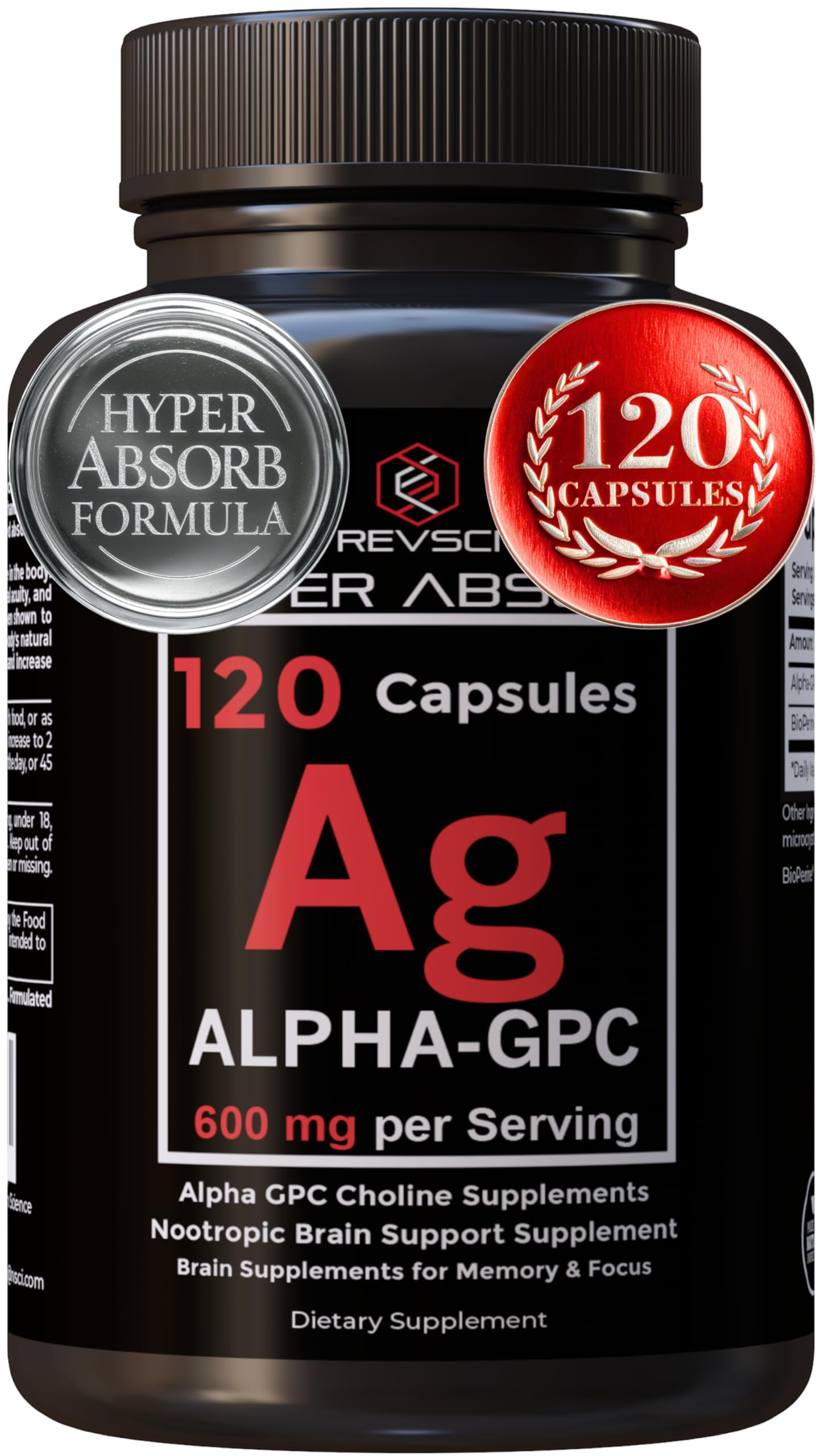 Revolution Science Alpha GPC bottle with label, highlighting memory support.