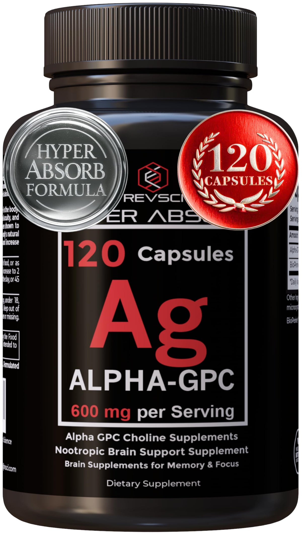 Revolution Science Alpha GPC bottle with label, highlighting memory support.
