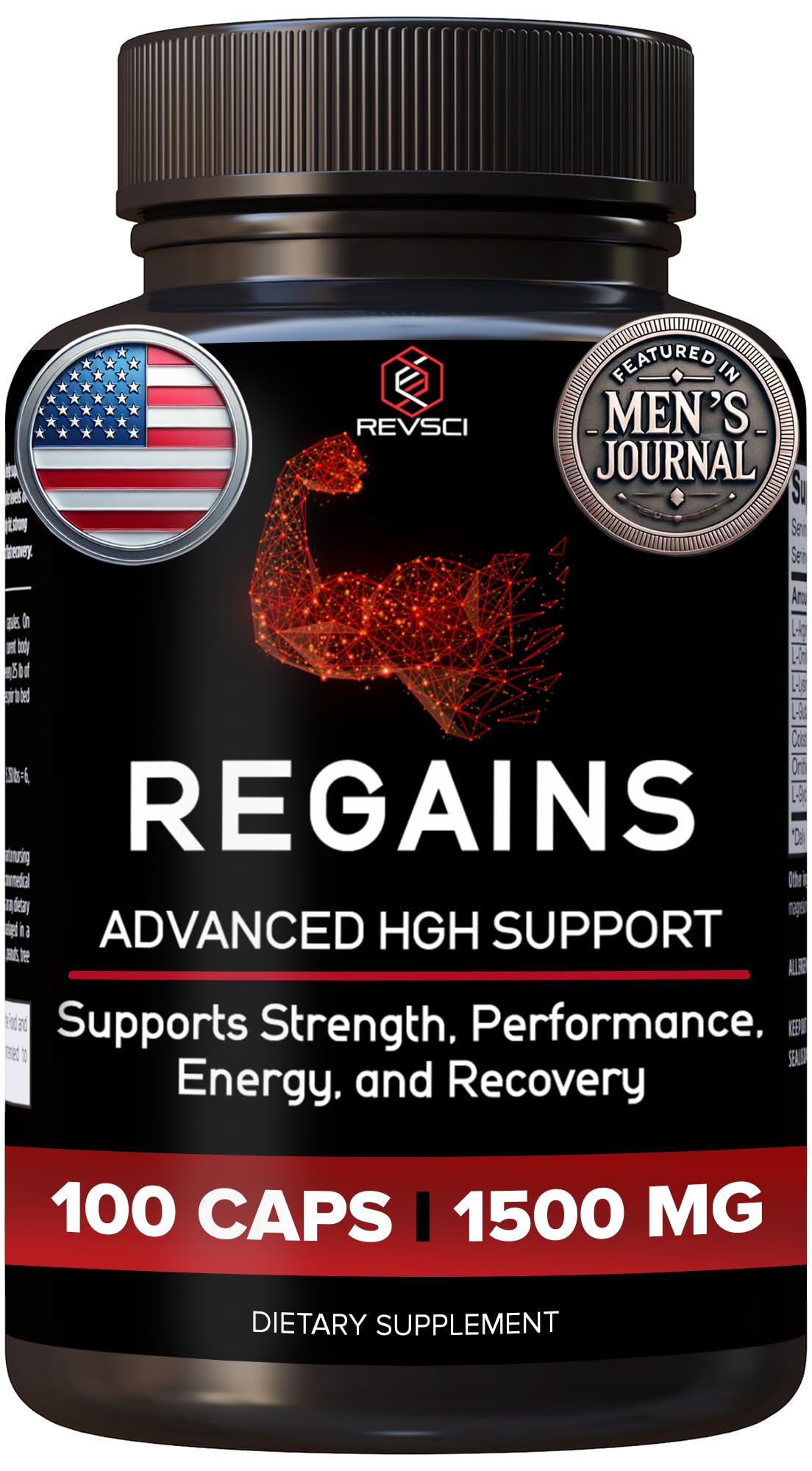 Regains HGH bottle front view suggests muscle support