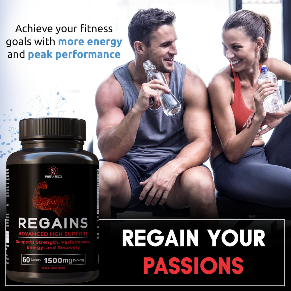 Regains label close-up showing cGMP and NSF testing for quality assurance.