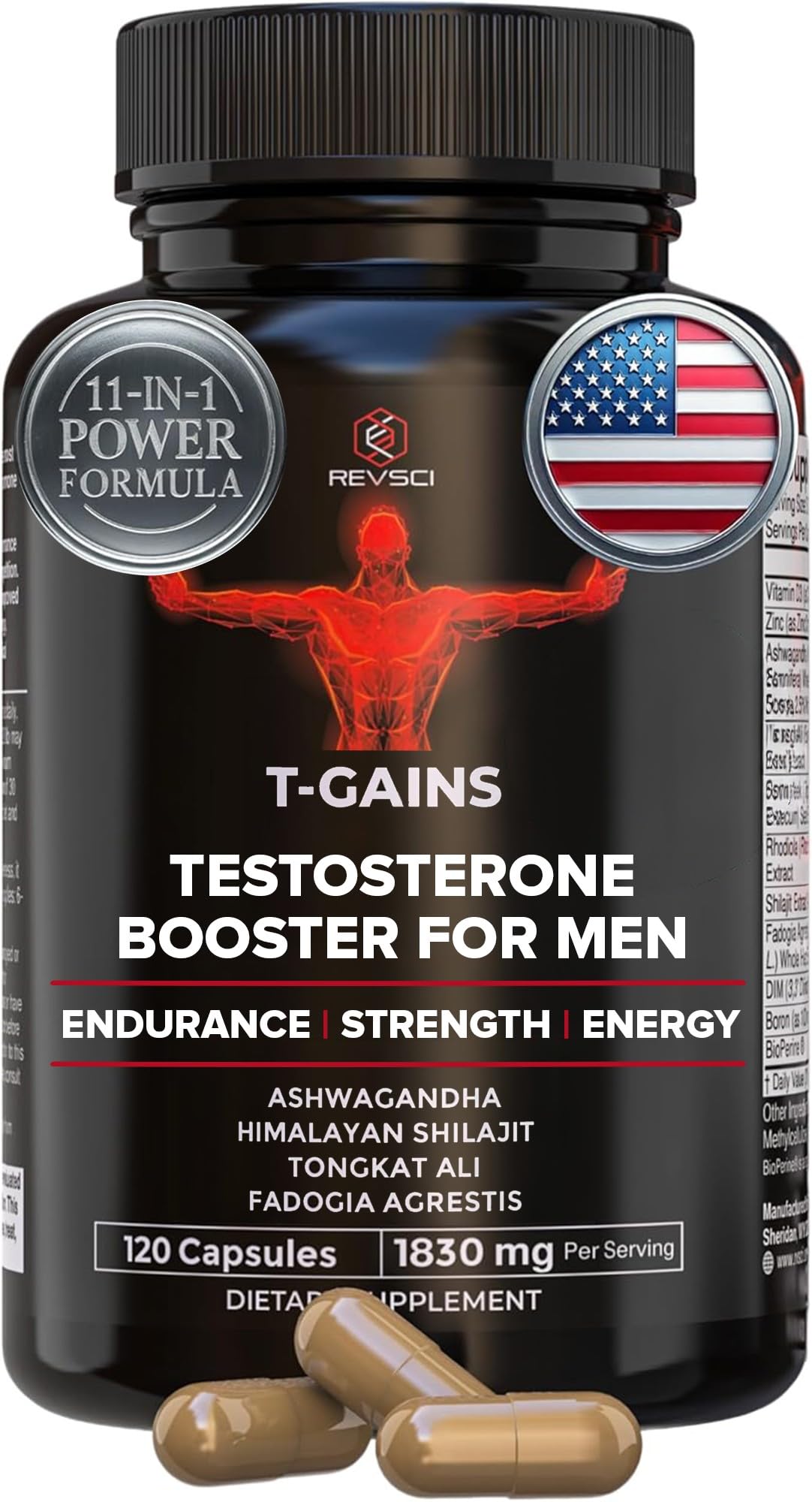 Revolution Science T-GAINS bottle front, supporting peak workouts with clean energy