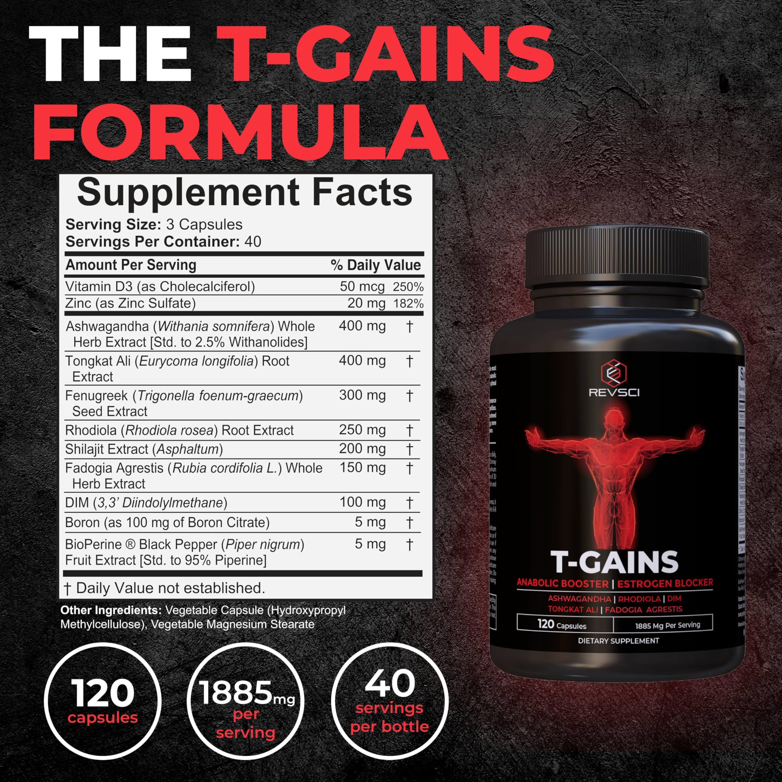 Revolution Science T-GAINS ingredients panel, showing natural herbal compounds for vitality