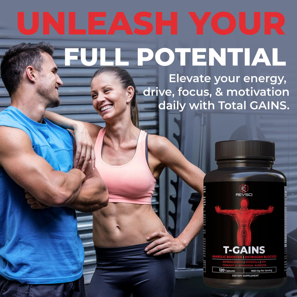 Revolution Science T-GAINS label close-up, highlighting blend for vitality support
