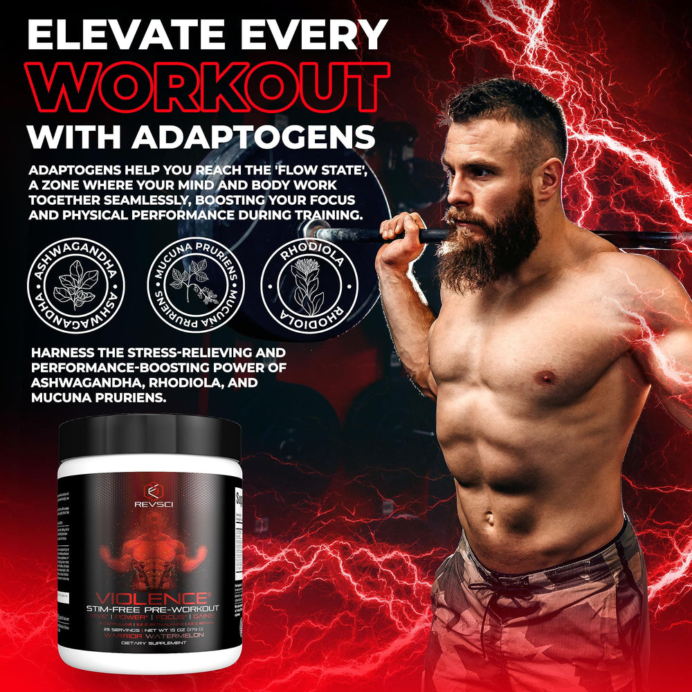 Violence non-stim preworkout bottle front highlights caffeine-free pump support.