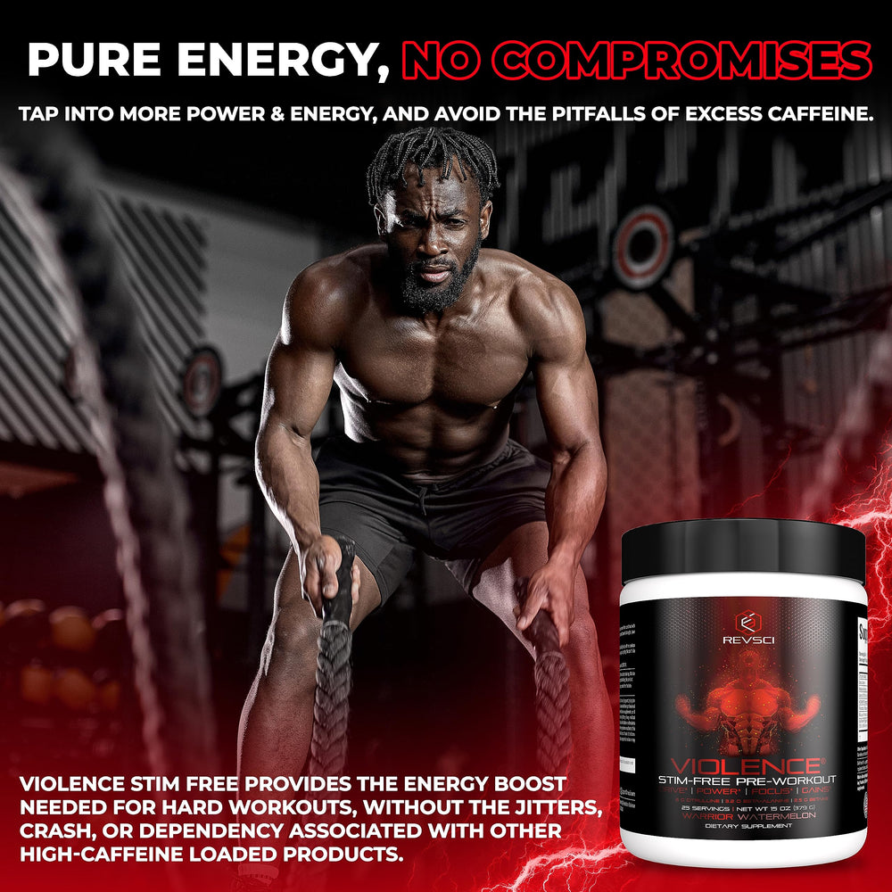 Violence non-stim preworkout packaging box communicates brand and product details.