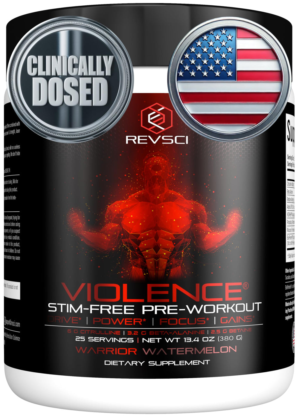 Violence non-stim preworkout powder scoop shows precise dosing for focused workouts.