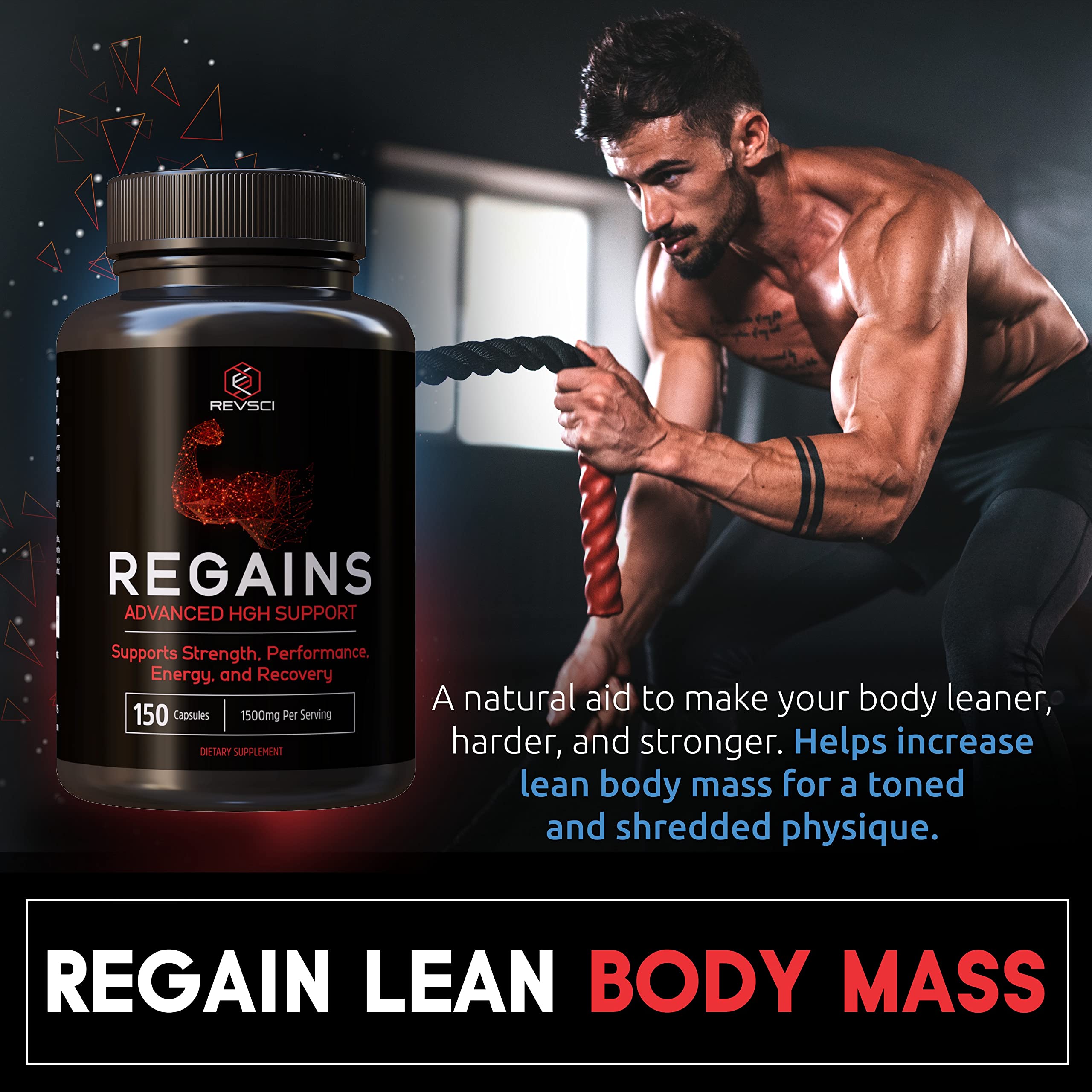 Closeup of Regains HGH capsules showing potency for strength training.
