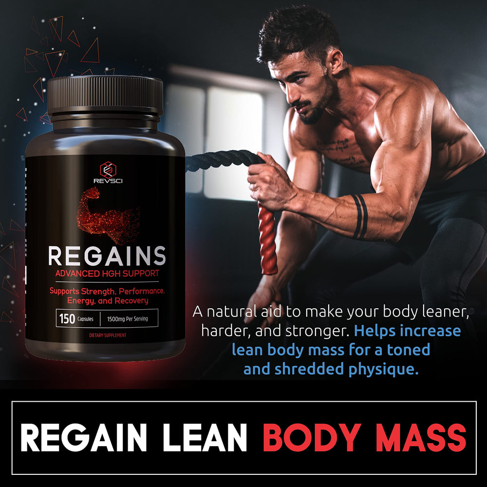 Closeup of Regains HGH capsules showing potency for strength training.