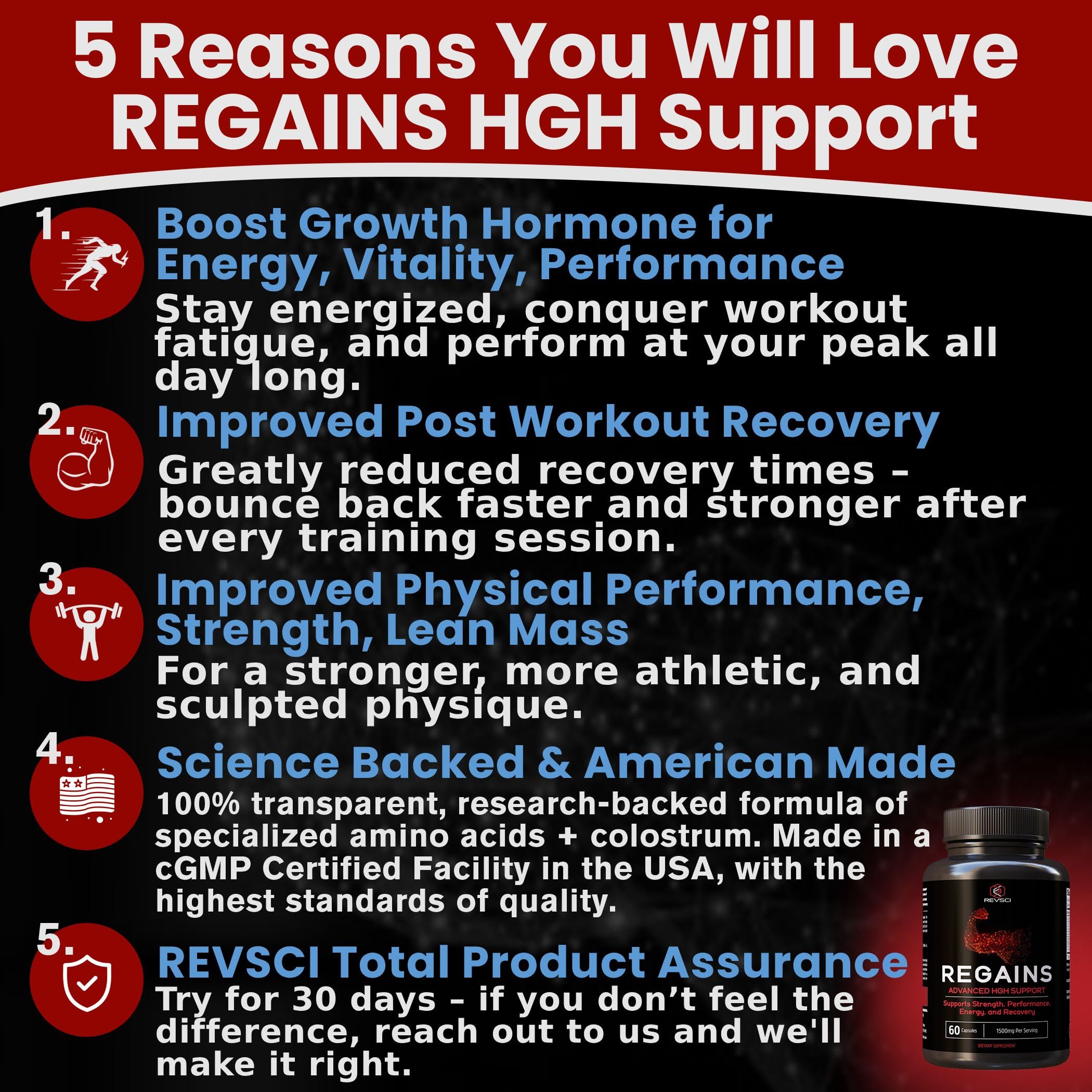Regains HGH pills label front highlighting key recovery ingredients.