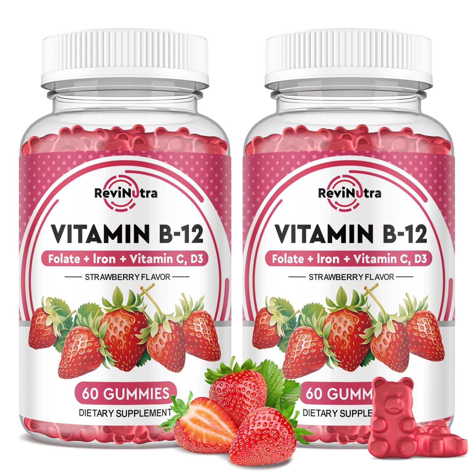 ReviNutra Vitamin B12 Gummies bottle with strawberry flavor for natural energy support.