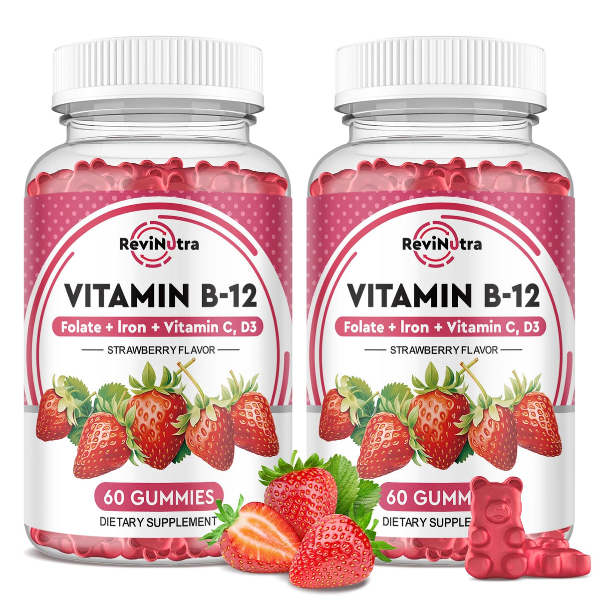 ReviNutra Vitamin B12 Gummies bottle with strawberry flavor for natural energy support.