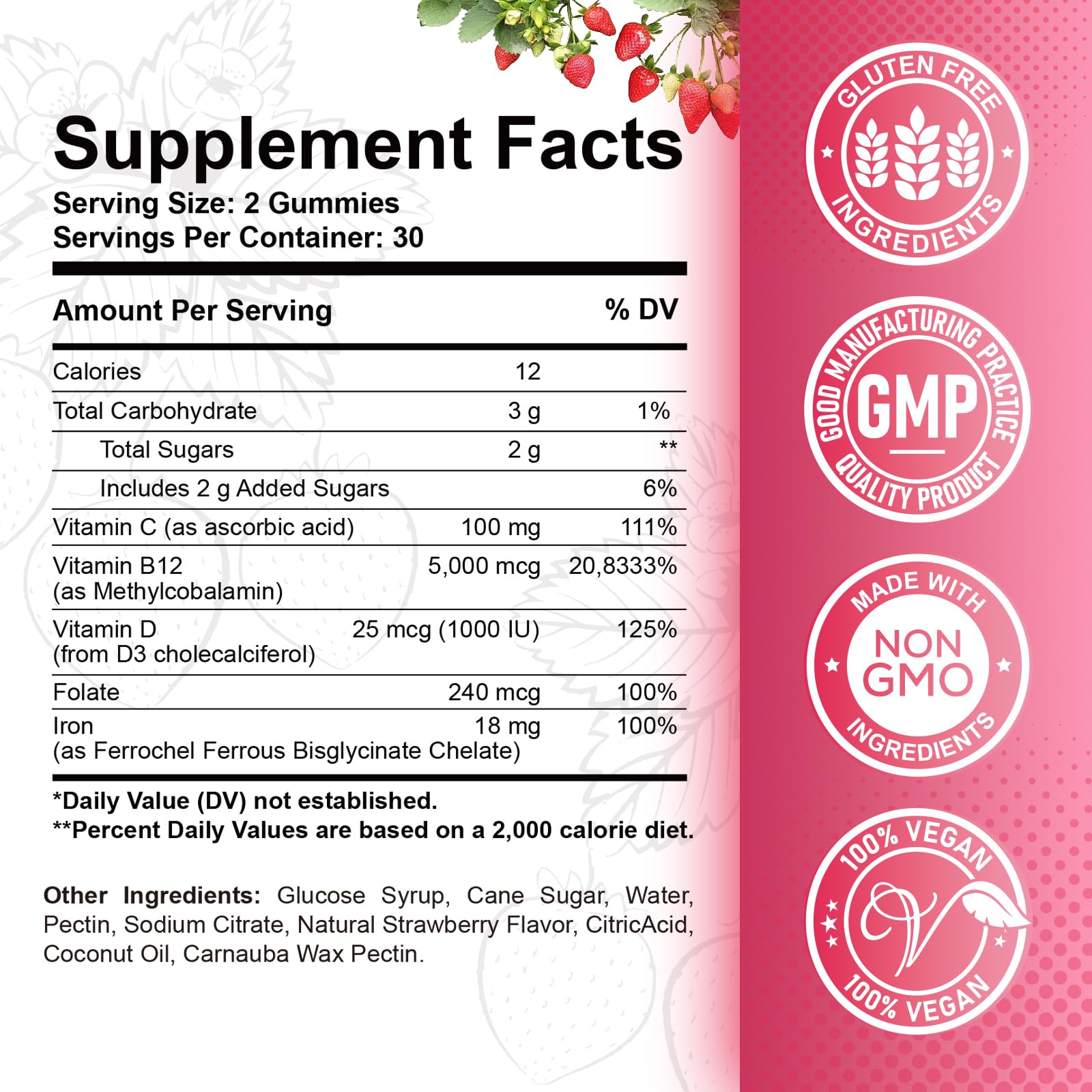 ReviNutra B12 gummies close-up showing 5000 mcg potency and strawberry taste.