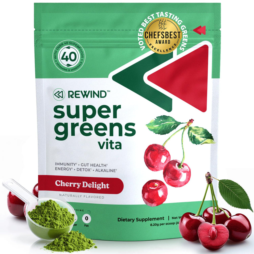 Rewind best-tasting super greens bottle showcases vibrant cherry flavor for daily wellness