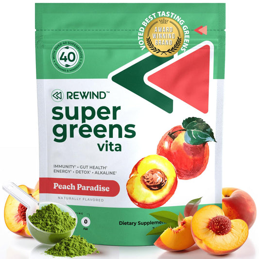 Rewind best-tasting super greens peach bottle for daily nutrition