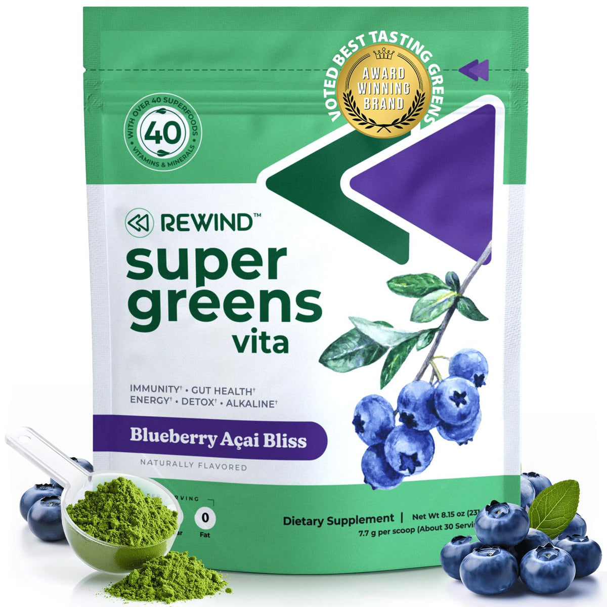 Rewind best-tasting super greens powder in a blue jar, ideal for daily wellness.
