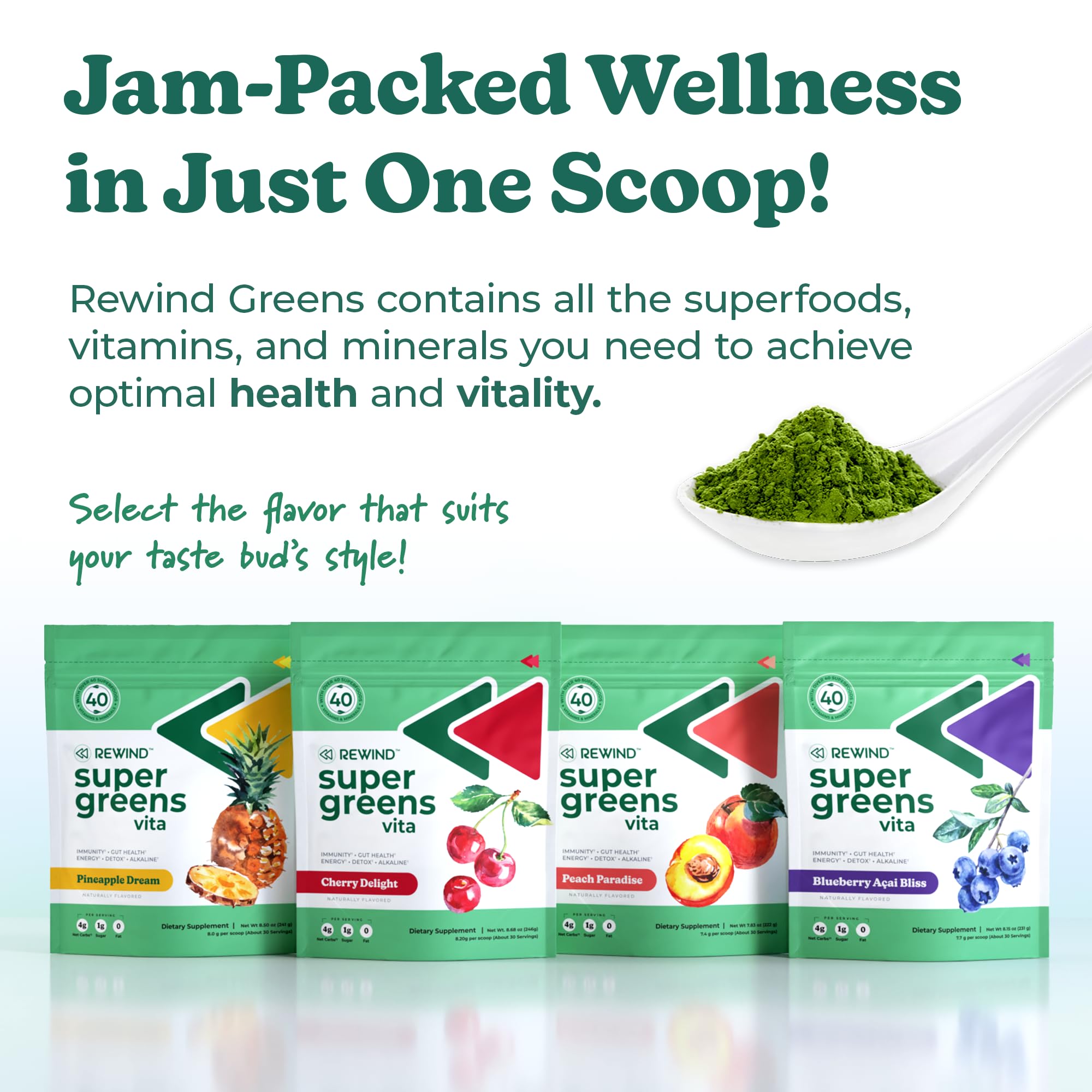 Rewind cherry-flavored green juice glass emphasizes tasty everyday energy