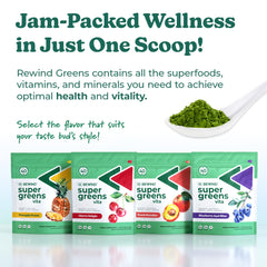 Rewind super greens scoop measuring spoon emphasizes precise daily servings.