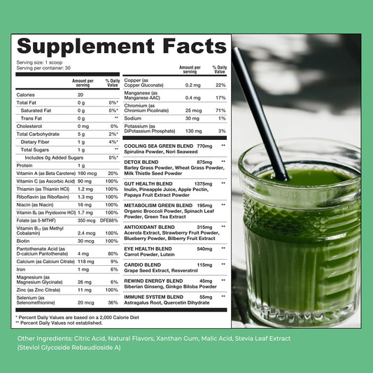 Rewind supergreens powder scoop-dispensing highlights convenient daily serving