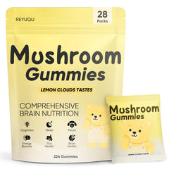 REYUQU Lions Mane Gummies pack shot with daily sachets for on-the-go focus.