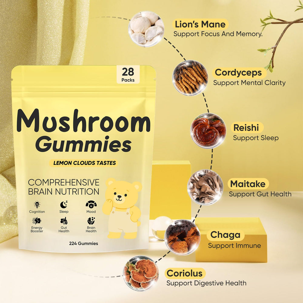 REYUQU six-mushroom blend graphic highlighting cognitive support and vegan ingredients.