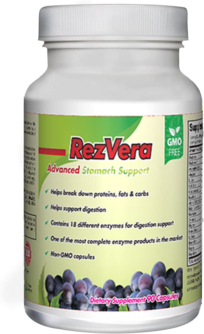 RezVera bottle pouring capsules for smoother digestion after meals.