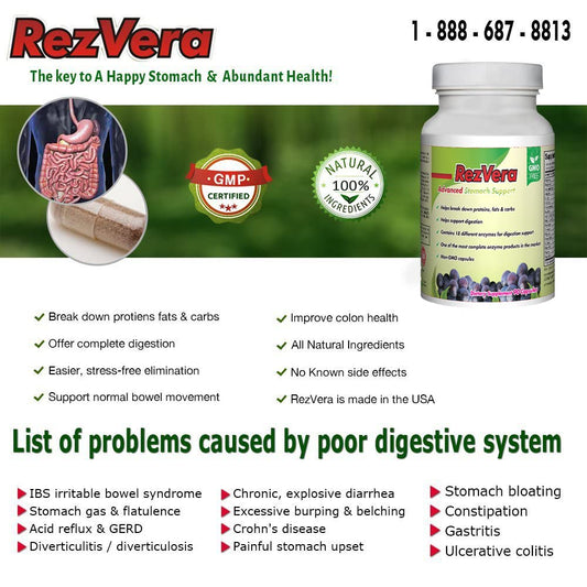 RezVera capsules close-up highlighting natural enzymes for better digestion.