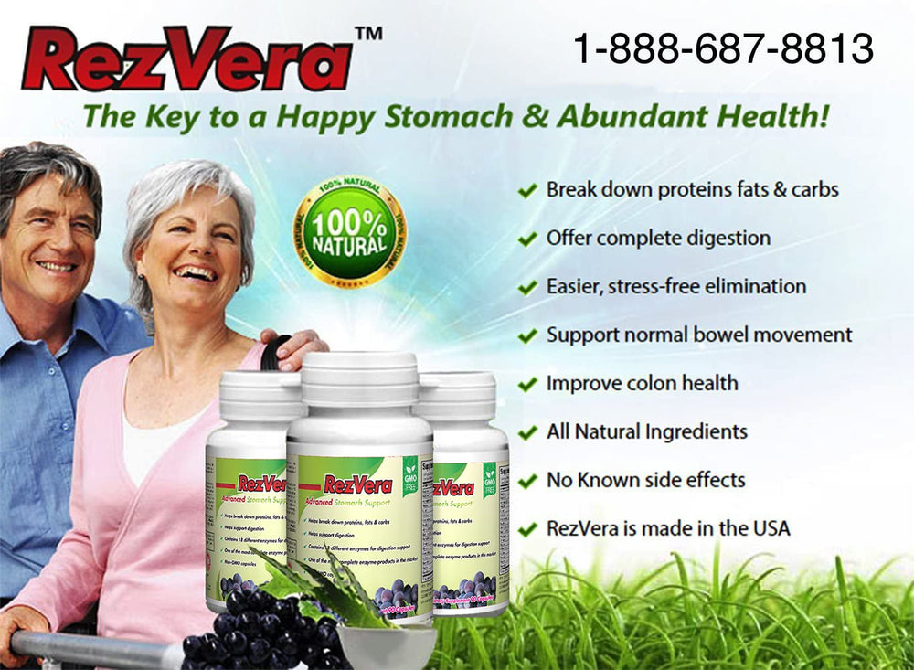 RezVera digestive enzymes ingredients graphic emphasizes 18 natural enzymes.